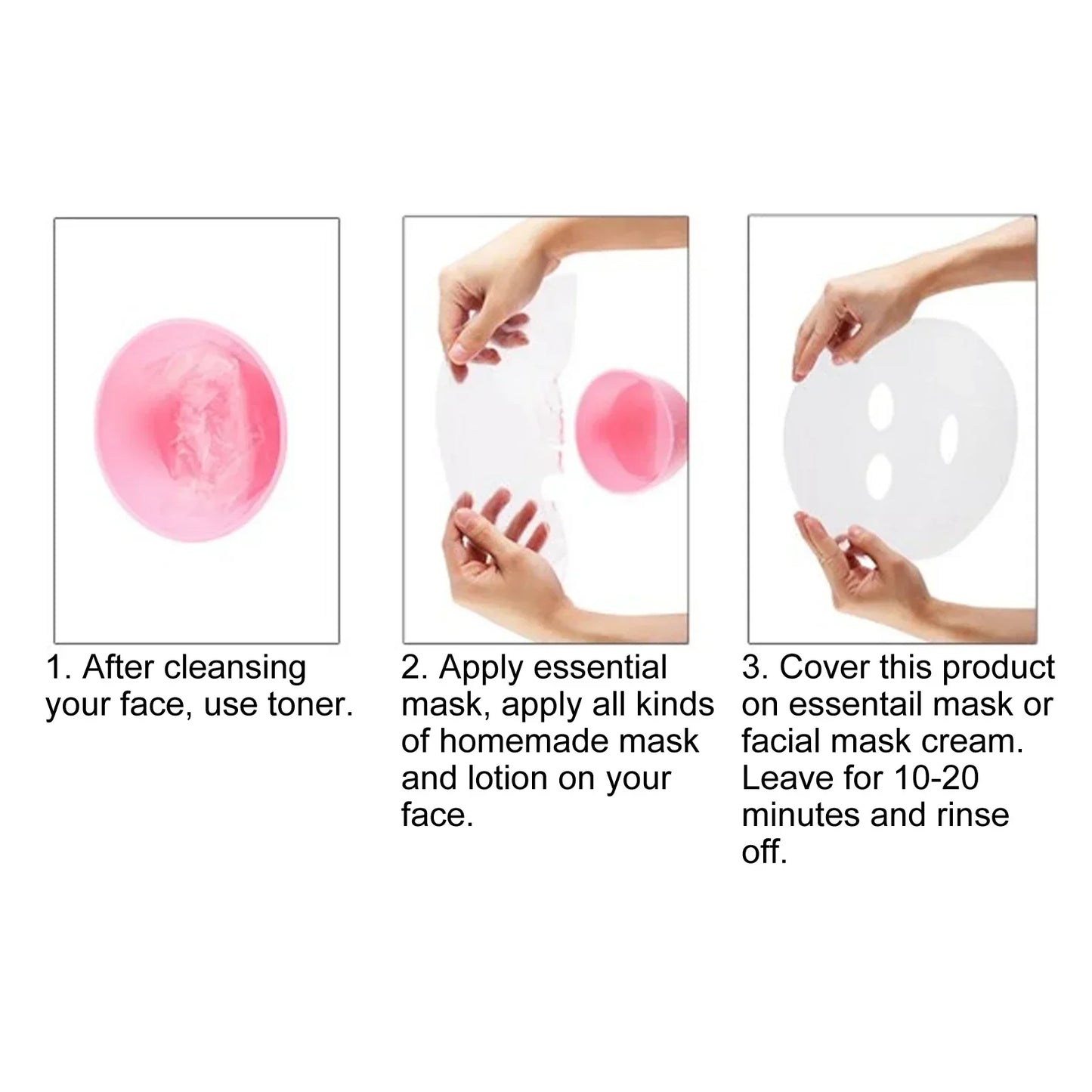 100 mascarillas faciales desechables con película conservante para evitar la evaporación y la retención de humedad, envueltas en papel.